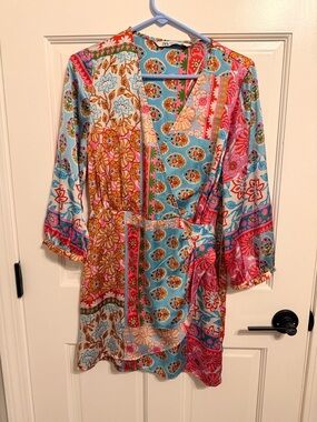 Zara Multi-Color Patchwork Floral V-Neck Dress